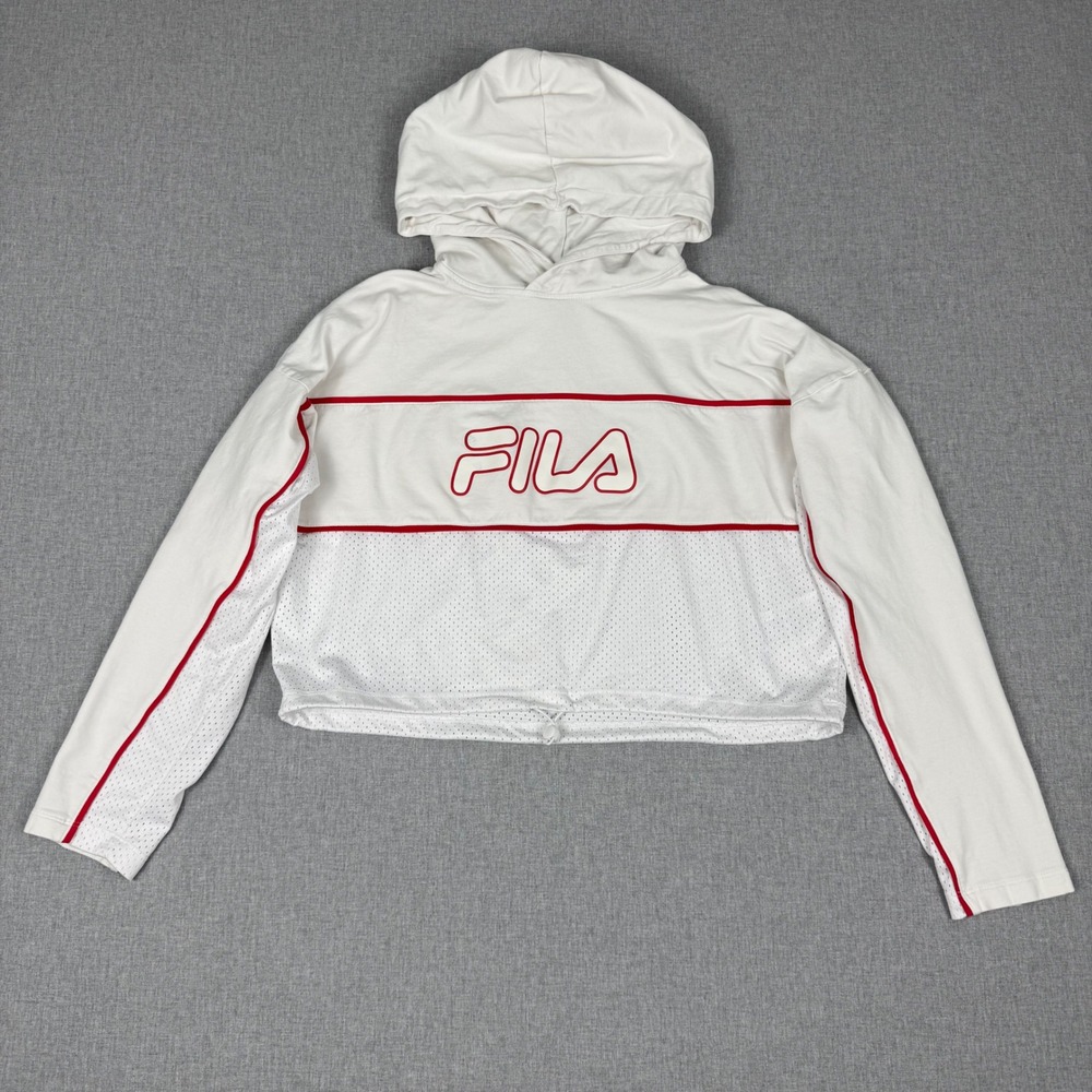 FILA White Mesh Crop Hoodie Sweatshirt XS Athleisure Y2K Streetwear Logo